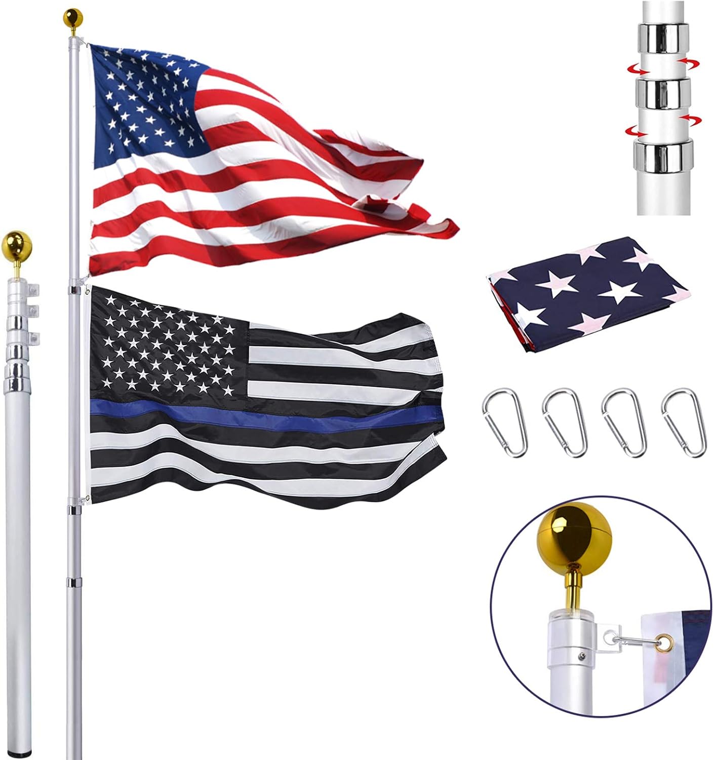 30FT Telescopic Flag Pole Kit, Extra Thick Heavy Duty Aluminum Telescoping Flagpole for Outside, Outdoor Inground Large Flag Poles with 3x5 American Flag for Residential, Yard or Commercial, Silver