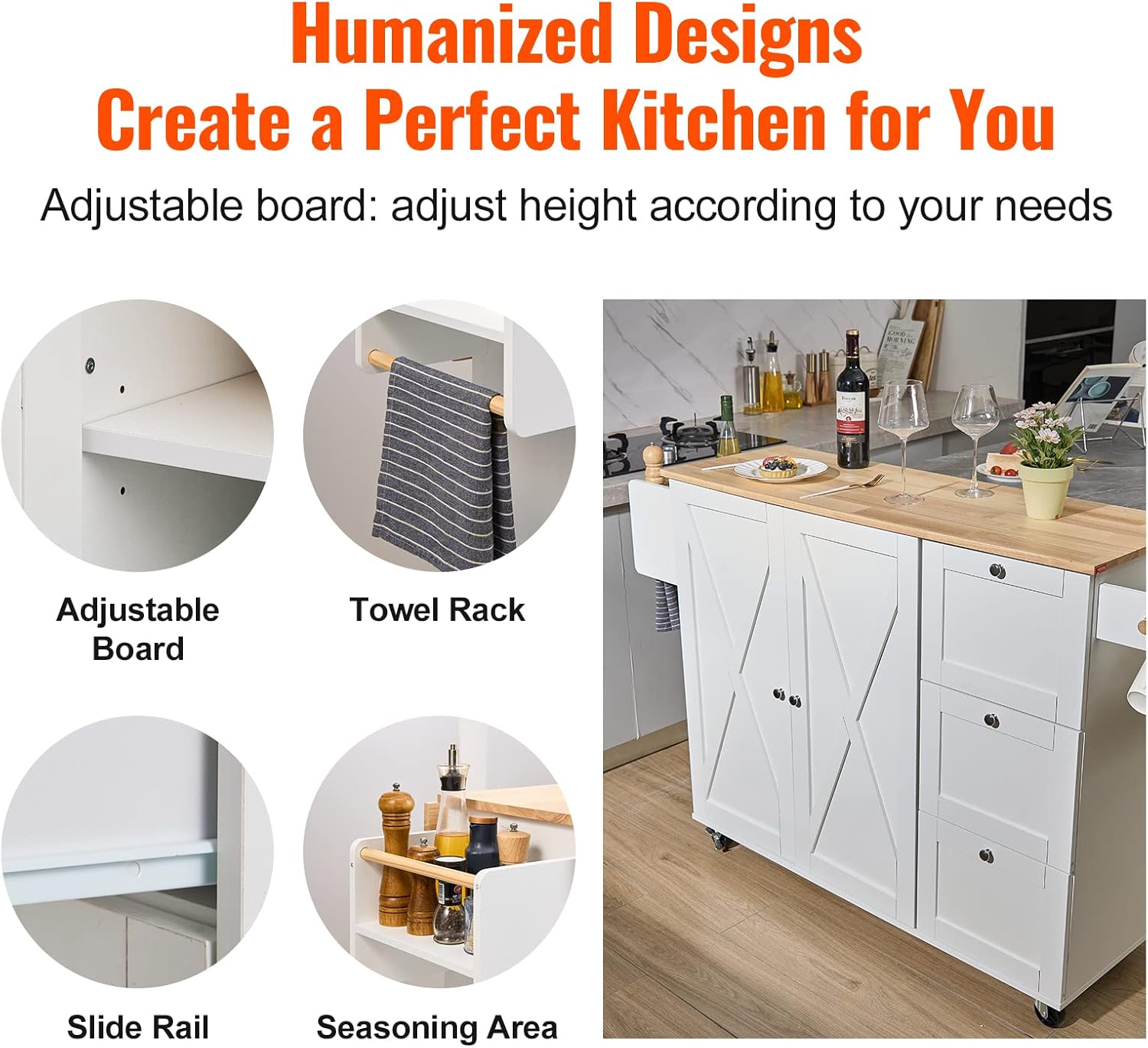 VEVOR Kitchen Island Cart with Solid Wood Top, 45.3" Width Mobile Carts with Storage Cabinet, Rolling Kitchen Table with Spice Rack, Towel Rack, Drop Leaf and Drawer, Portable Islands on Wheels, White