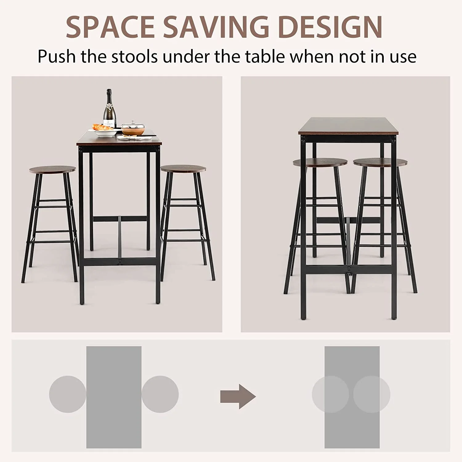 TJUNBOLIFE 3-Piece  Table Set - 36" H Counter Height Table w/ 2 Round Stools  Space Saving Design  Kitchen Breakfast Dining Table Set for Living Room  Dining Room  Pub  Bistro (Black