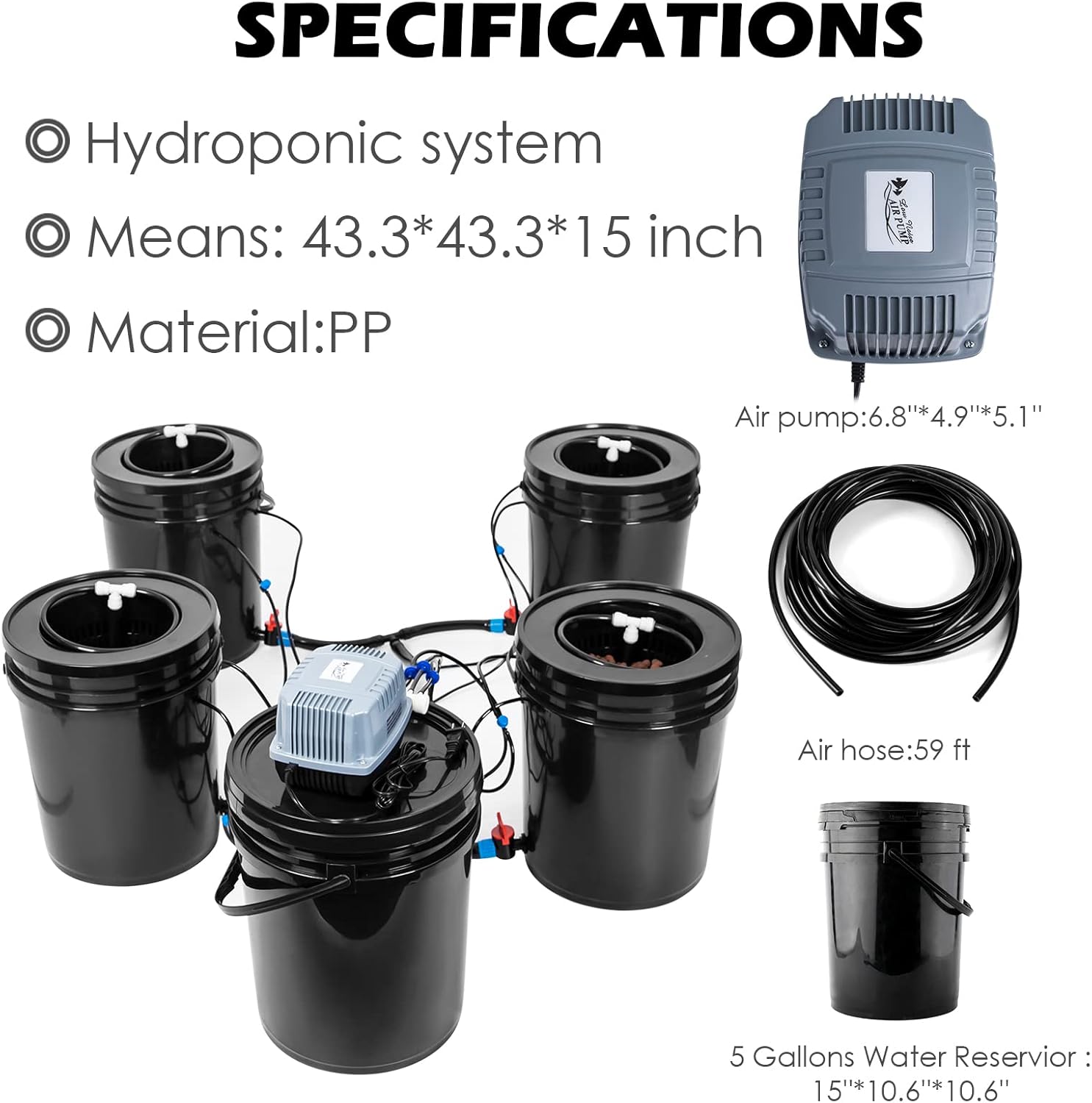 Hydroponics Growing System 5 Gallon DWC Hydroponic Bucket Kit Multi Barrel Hydroponic Machine Drip Irrigation System for Vegetables (4 Bucket + Reservoir Kit)