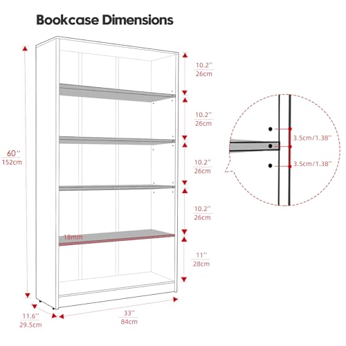 Farini 5 shelf boockase Display Bookcase Freestanding Wooden Bookshelves for Home Office Living Room,60 Inch Height,Cherry