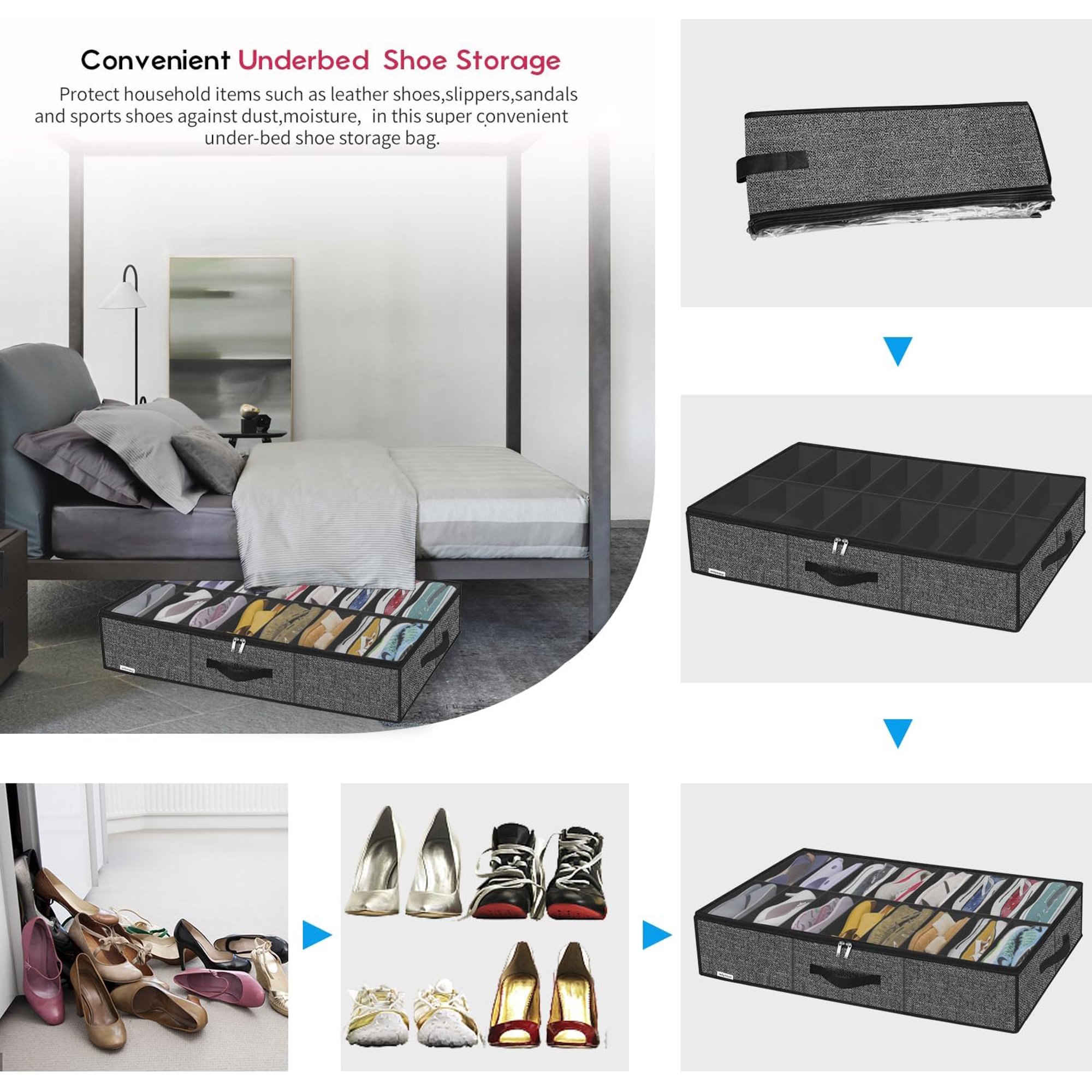 Under Bed Shoe Storage Organizer with Sturdy Handles and Clear Window  Premium Foldable Underbed Shoes Container Box for Closet, Linen-like Black
