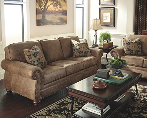 Signature Design by Ashley Olsberg Faux Leather Sofa with Nailhead Trim and 4 Accent Pillows, Gray & Olsberg Faux Leather Manual Rocker Recliner with Nailhead Trim, Gray