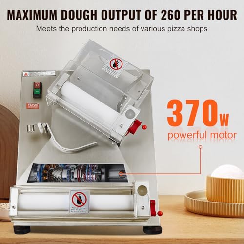 VEVOR Pizza Dough Roller Sheeter, 3-15 Inch Automatic Commercial Pizza Press, 390W Electric 260 Per Hour Dough Roller, Stainless Steel Adjustable Thickness Dough Machine, for Pasta Maker Equipment