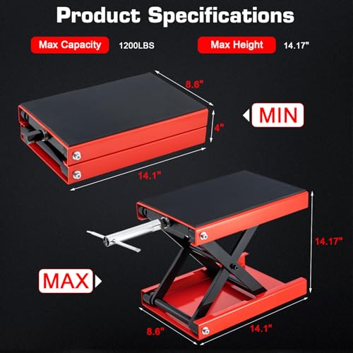 1200 LBS Motorcycle Jack with Dolly, Motorcycle Lift Stand for Dirt Bike ATV,Scissor Jack with Hand Crank Bikes Garage Repair Hoist Stand Ratchet Wrench
