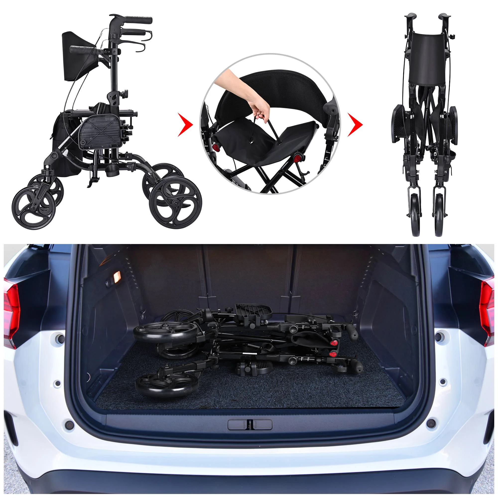 Yescom 2 in 1 Rollator Walker Transport Wheelchair with Backrest Footrests Foldable for Senior Black