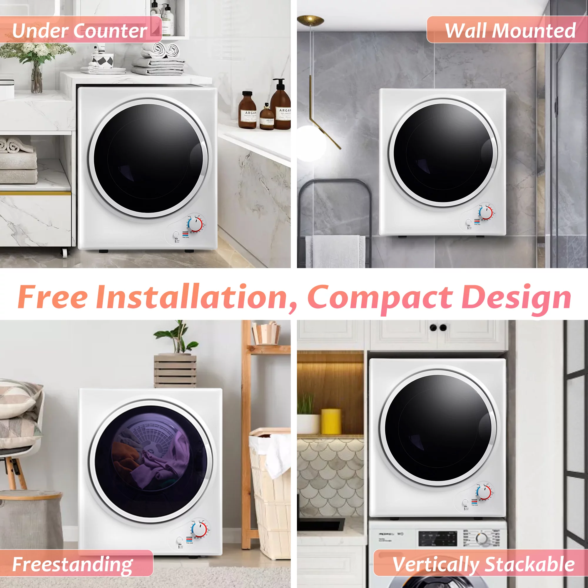 iRerts Compact Laundry Dryer, 850W Portable Clothes Dryer with 5 Drying Modes, Stainless Steel Tub and Wall Mount Kit, Front Load Electric Clothes Dryer Machine for Apartments, Dormitory, RVs, White