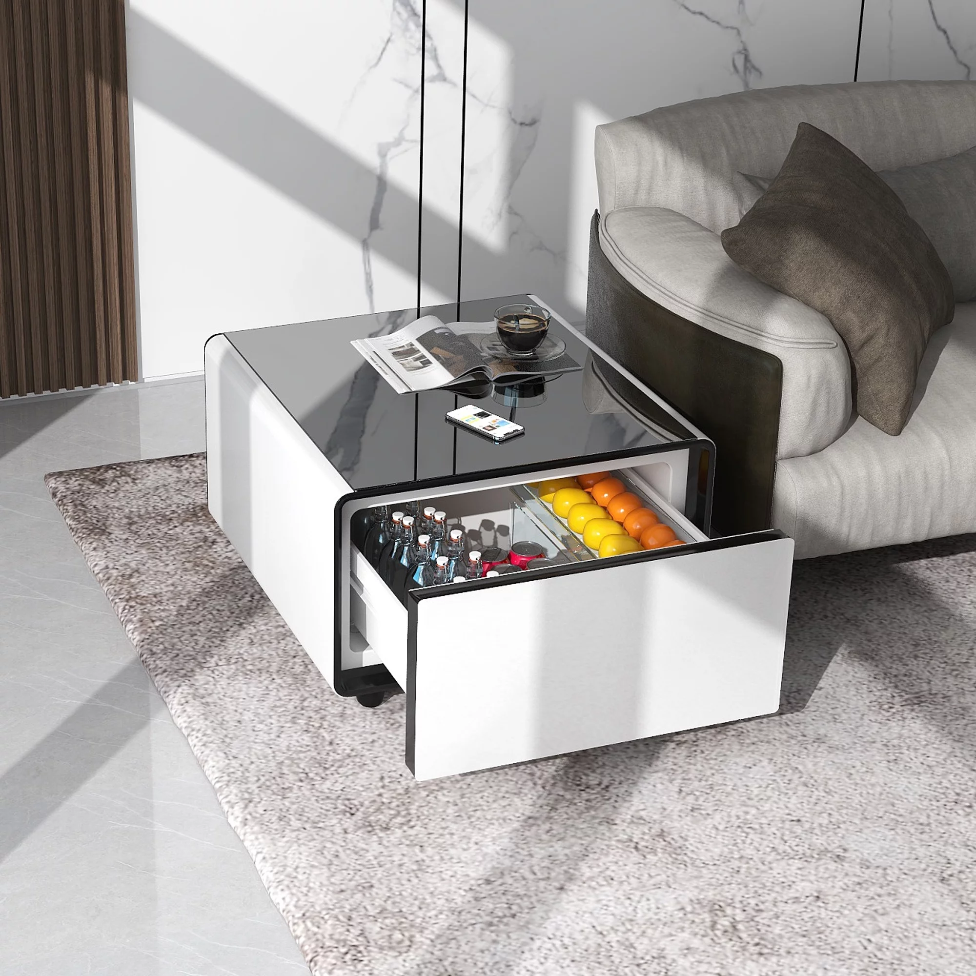 Livtab Smart Side Table with Built in Fridge, Charging Station, End Table with Storage Drawer, Control Panel for Living Room, White