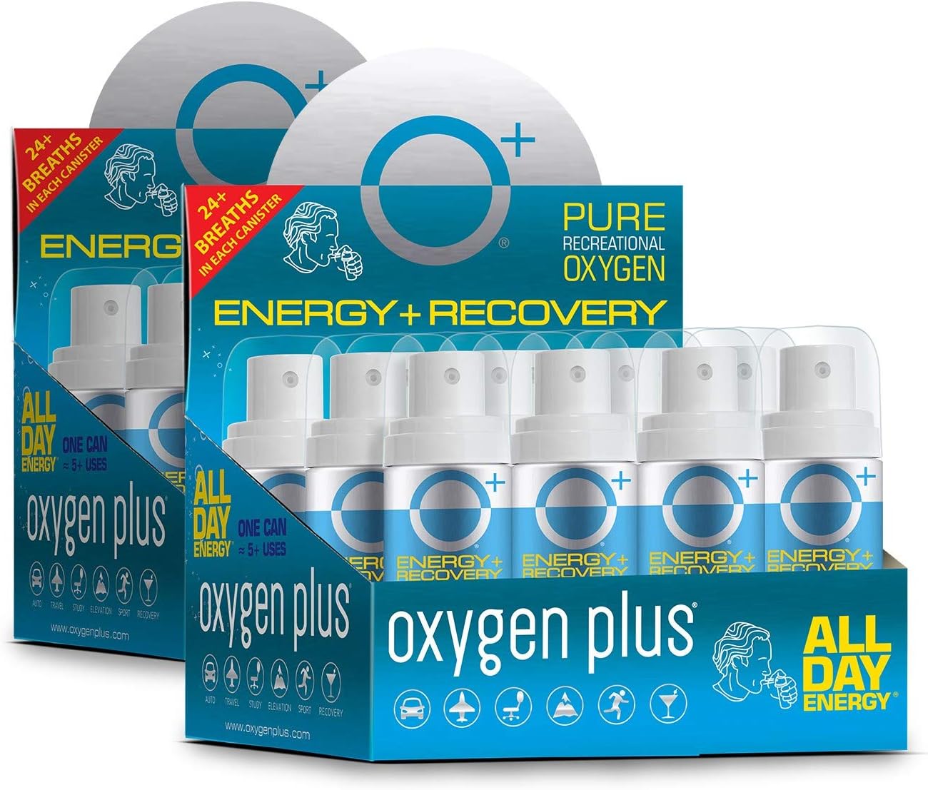 Oxygen Plus – O+ Mini 24 Pack | Portable Oxygen Can | 99.5% Pure O2 | Natural Wellness Supplement to Boost Energy & Recovery | 5+ Uses Per 1.55 Liter Cans