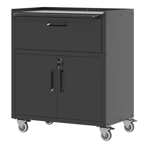 Metal Storage Cabinet with Wheels, Lockable Garage Cabinet with Doors and Shelves, Rolling Tool Storage, Assembly Required, Black
