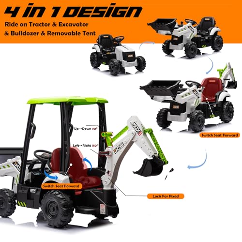 4 in 1 Ride on Tractor Truck, 12V Electric Vehicle Excavator & Bulldozer & Removable Tent, Licensed JCB Battery Powered Electric Construction Car w/Front Loader Bucket, Digger, Remote Control, Yellow