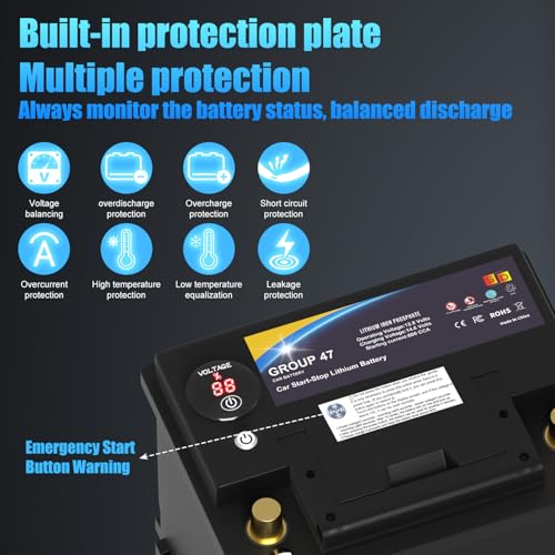 Lithium Car Battery Start and Stop, 12.8V 576WH Group 47 LiFePO4 Automotive Battery For Car, Starter Battery Plus Deep Cycle Performance, 36 Months Warranty