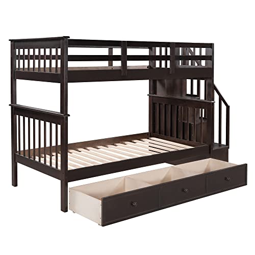 Harper & Bright Designs Twin Over Full Bunk Beds with Stairs and Storage Drawers Wood Bunk Bed Frame with Staircase for Kids Boys Girls Teens, White
