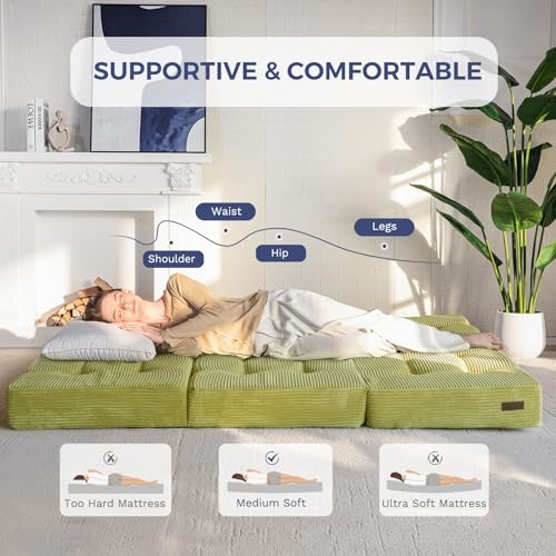 MAXYOYO Tri-Fold Mattress, 6 Inch Tufted Folding Mattress Full Foam Bed, Foldable Floor Mattress Guest Bed Mattress Topper Portable Camping Sleeping Bed with Corded Fabric, Black, 53"x75"