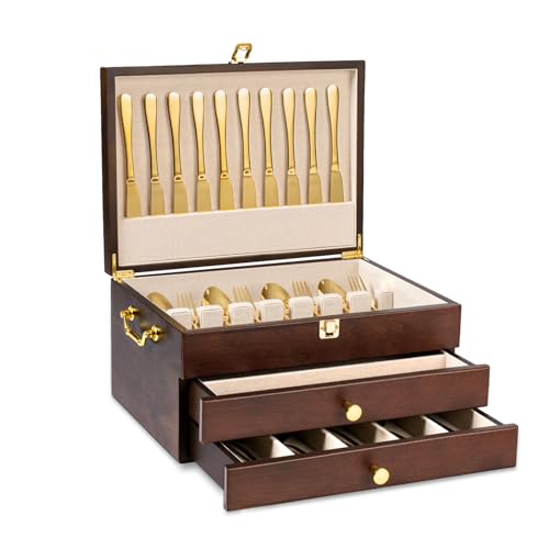 Silverware Storage Box, 2-Layer Flatware Storage Case with Drawer, Wooden Silverware Chest with Linen Liner, Rustic Silverware Case for Storing Fine Flatware and Utensils (Walnut)