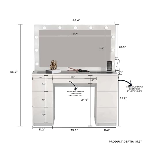 Boahaus Lyra LARGE Makeup Vanity Desk with Lights, 7 Drawers, Black Vanity Mirror with Lights Built-in, Drawer with Jewelry Divider, Power Outlet, Gold Crystal Ball Knobs, 56'' H x 46.3'' W x 14.6'' D