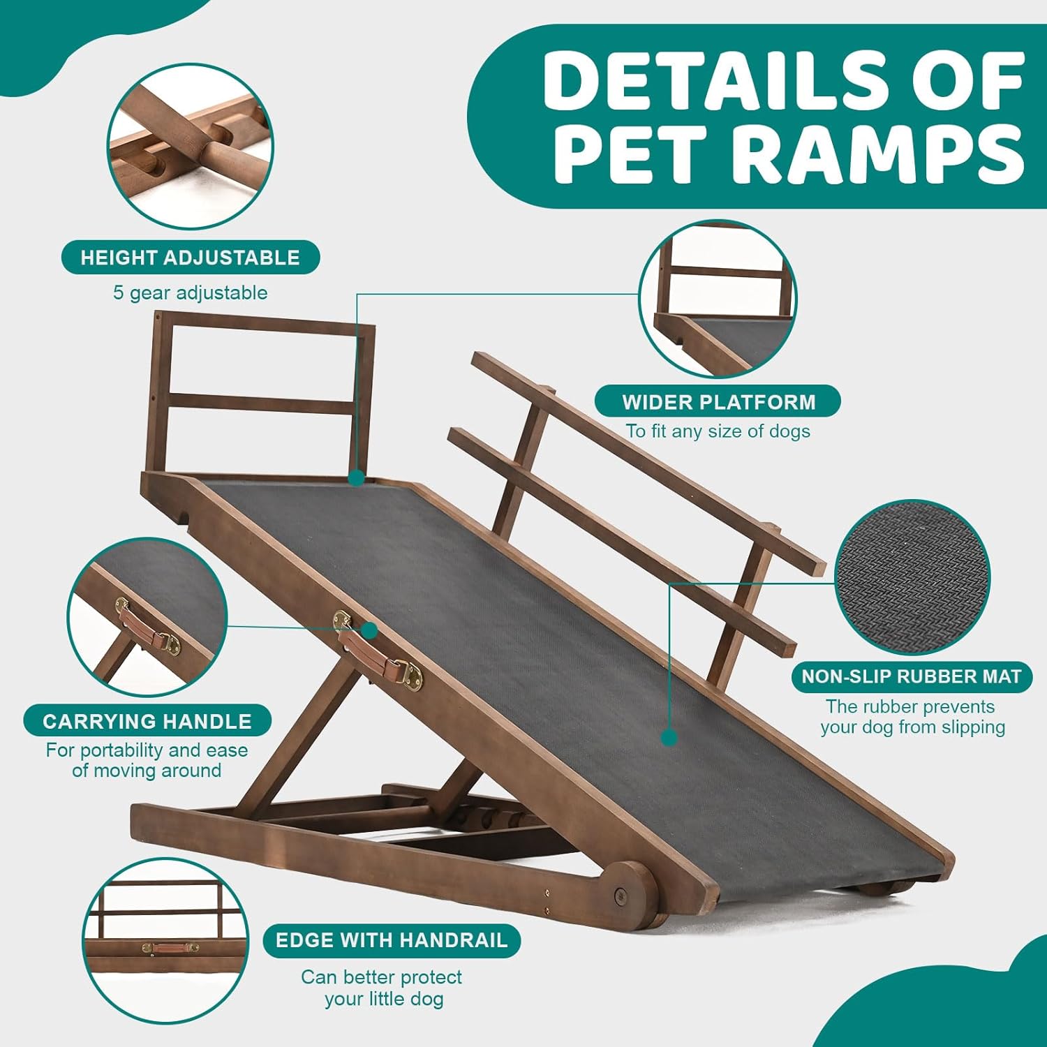 Dog Ramp, 5 Level Adjustable Folding Pet Ramp for High Bed, Upgrade Rubber Mat High Traction Ramp, Wooden Folding Pet Ramp for Bed, Couch,SUV, Natural Wood Pet Ramp for Small & Old Dogs & Cat
