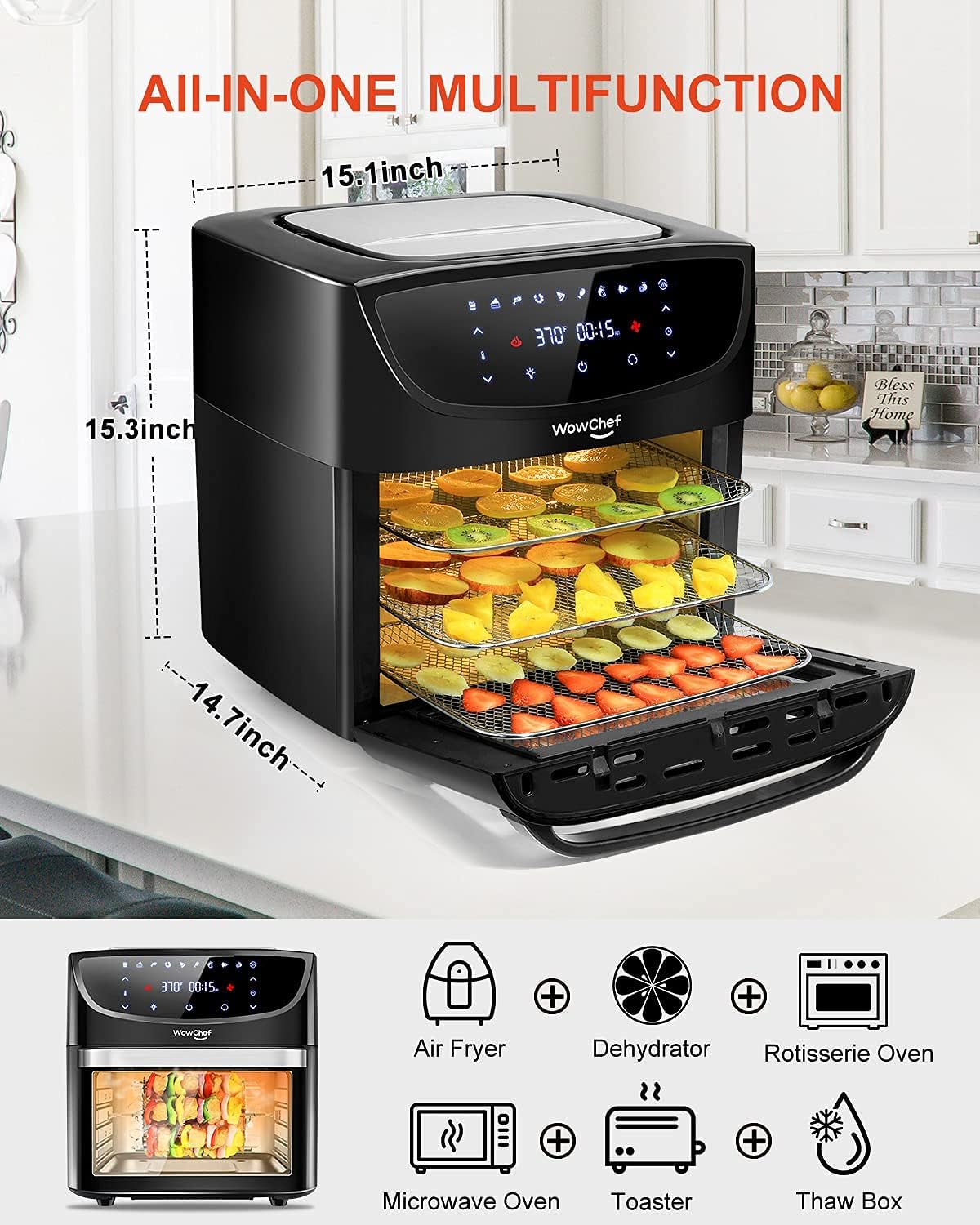 WowChef Air Fryer Oven Large 20 Quart, 10-in-1 Digital Rotisserie Dehydrator Fryers Combo with Racks, XL Capacity Countertop Airfryer Toaster for Family, 9 Accessories with Cookbook, ETL Certified