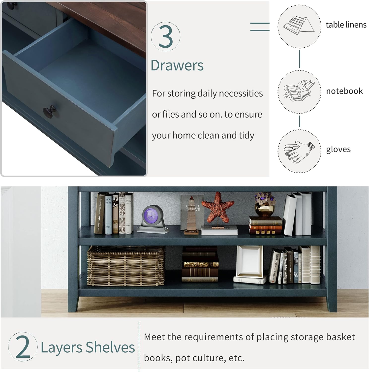 Retro Design Console 2 Open Shelves and 3 Storage Drawers, Sofa Table with Pine Solid Wood Frame and Legs for for Entryway, Hallway, Living Room, Navy