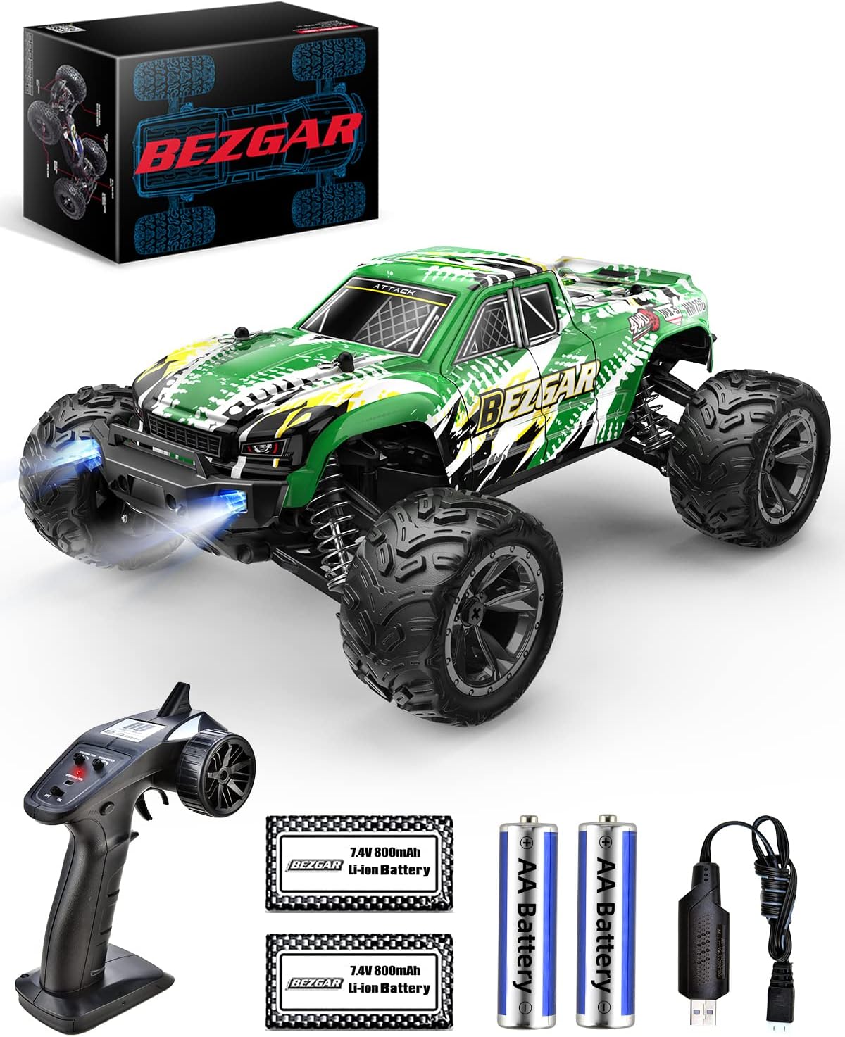 BEZGAR HM165 Hobby Grade 1:16 Scale Brushless Remote Control Truck - 4WD High Speed 52kmh All Terrains Off Road RC Monster Vehicle Car Crawler with 2 Rechargeable Batteries for Boys Kids and Adults