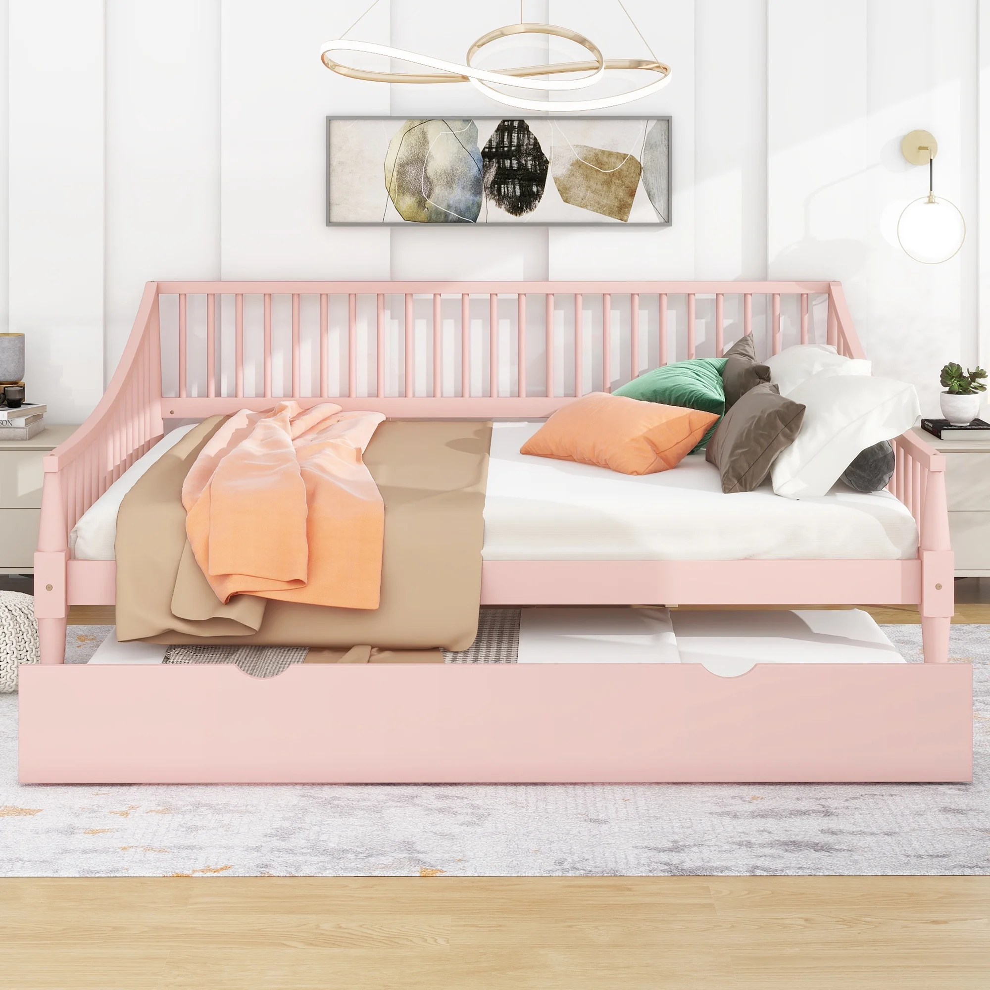EUROCO Wood Full Size Daybed with Twin Trundle Bed for Kids Teens Adults, Solid Wood Bed Frame with Support Legs, Pink