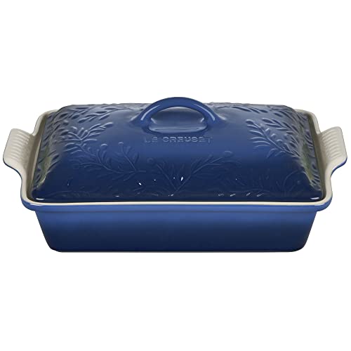 Le Creuset Olive Branch Collection Stoneware Heritage Covered Rectangular Casserole, 4 qt., Marseille with Embossed Lid