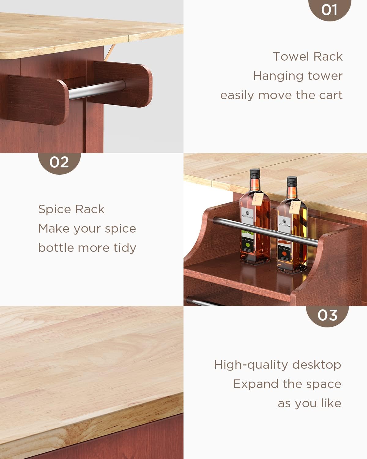 Qsun Kitchen Island with Drop Leaf Countertop, Wood Kitchen Island Cart on Lockable Wheels with Two Large Drawers and Two Large Storage Cabinet with Double Doors, Brown
