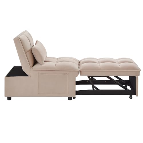 Sleeper Chair Bed, 4-in-1 Folding Convertible Chair Sofa Bed with Adjustable Backrest, Pull Out Sleeper Chair Bed with Storage Pockets, Modern Velvet Chaise Lounge (Taupe)