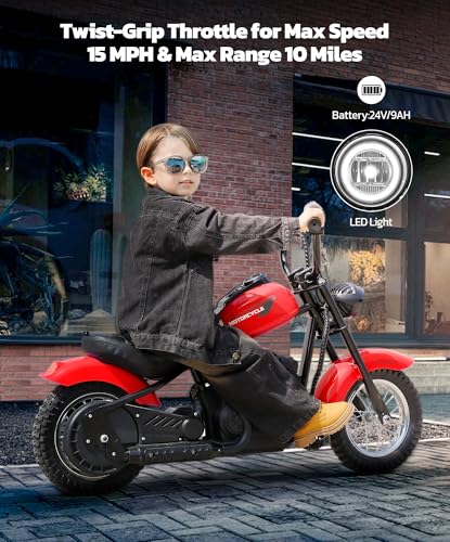 ELEMARA Electric Dirt Bike, 15 mph & 150lb Max, 24V Ride on Toy for Big Kids w/LED Lights & Power Display, Chain-Driven Motor, Twist-Grip Throttle, Shock Springs, Handbrake, 12" Air-Filled Tires-Black
