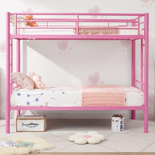 VECELO Metal Loft Bed Twin Size, Heavy Duty Bedframe with Removable Ladder and Safety Guardrail, Space-Saving, Noise Free, No Box Spring Needed, Off White