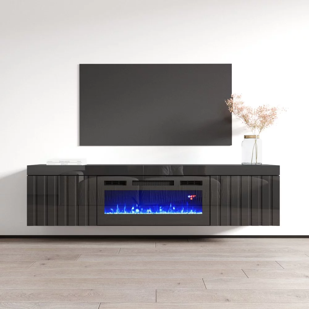 Knoxville BL-EF Floating Fireplace TV Stand for TVs up to 80", Modern High Gloss 71" Entertainment Center, Wall Mounted Electric Fireplace TV Media Console with Storage Cabinets