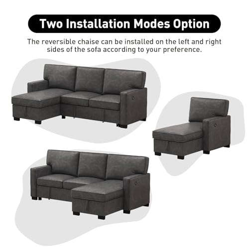 Convertible Sleeper Sofa 3 in 1, Chenille Modern L-Shaped Couches for Living Room, Pull Out Sectional Futon Sofa Bed with Storage Space, USB Ports and Cup Holders for Bedroom, Grey