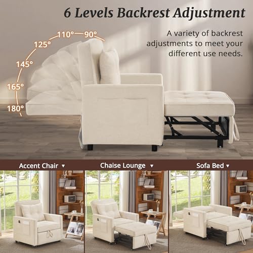 Sofa Bed Chair, 3 in 1 Convertible Sleeper Chair Bed for Adults, Pull Out Chair Sleeper, Adjustable Reading Chair with 2 Pillows and Backrest, Multi-Functional Couch Bed for Small Space