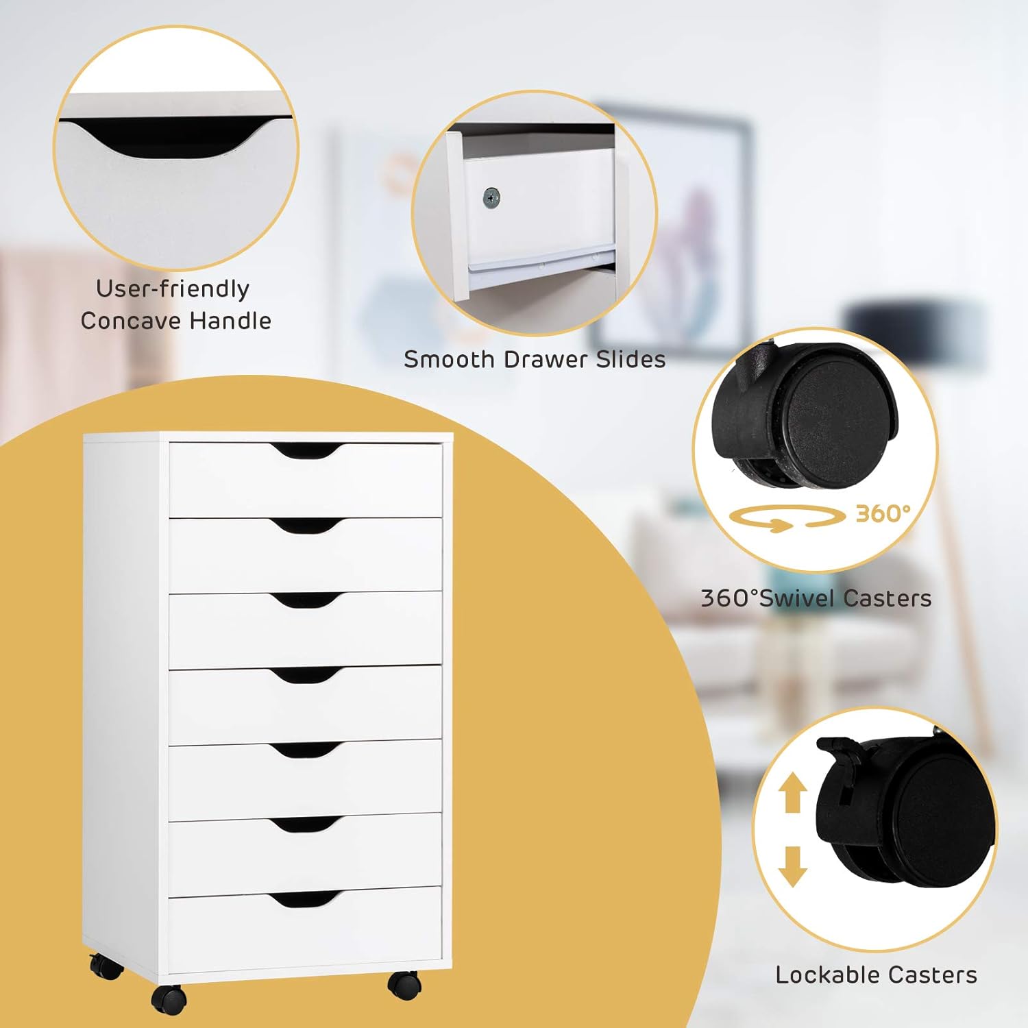 7 Drawers File Cabinet, 34.5”Vertical Filing Cabinet for Home Office, Under Desk Storage Cabinet with Wheels, Mobile Chest of Drawers, Lateral Rolling Printer Stand, White