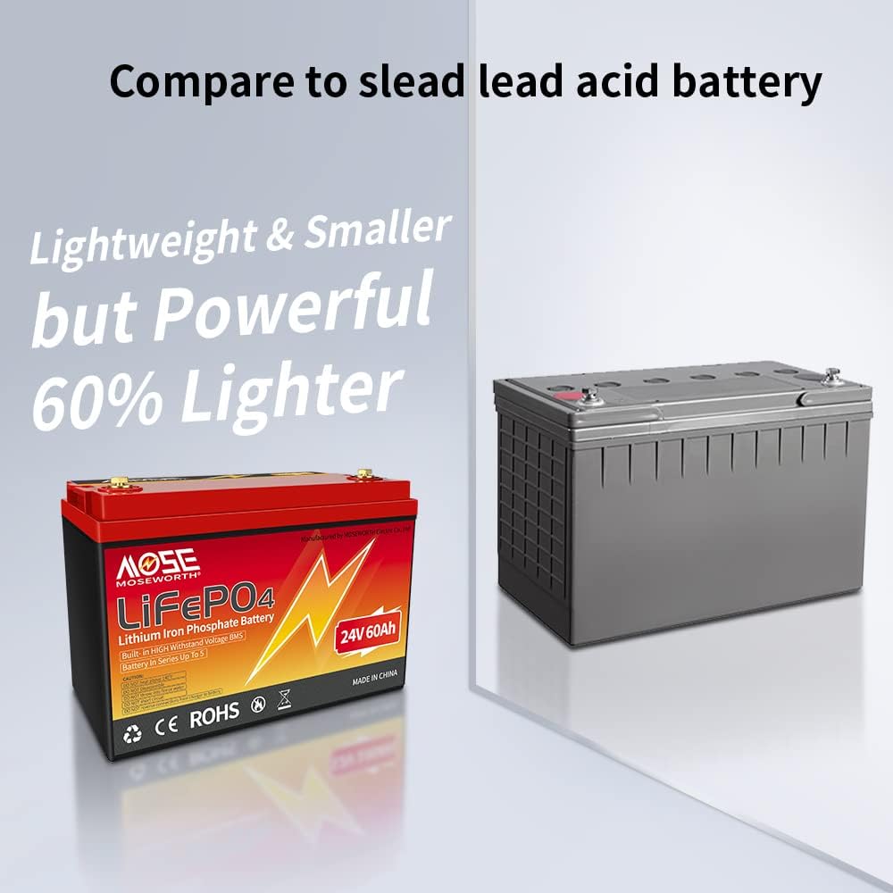24V Lithium Battery 60Ah Lifepo4 Trolling Motor RV Battery Replacement Built-in BMS Last Longer Replace Your SLA Perfect for Backup Power and Off Grid Applications