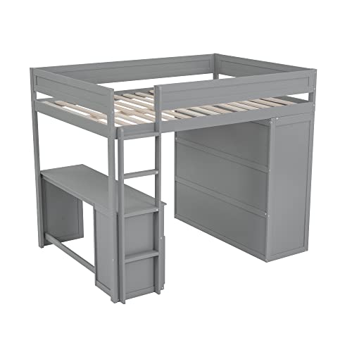 Full Size Loft Bed with Storage Wardrobe and Desk Wooden Loft Beds Frame with Drawers and Cabinet Wood High Loft Beds with Ladder for Kids Teens Adults, White