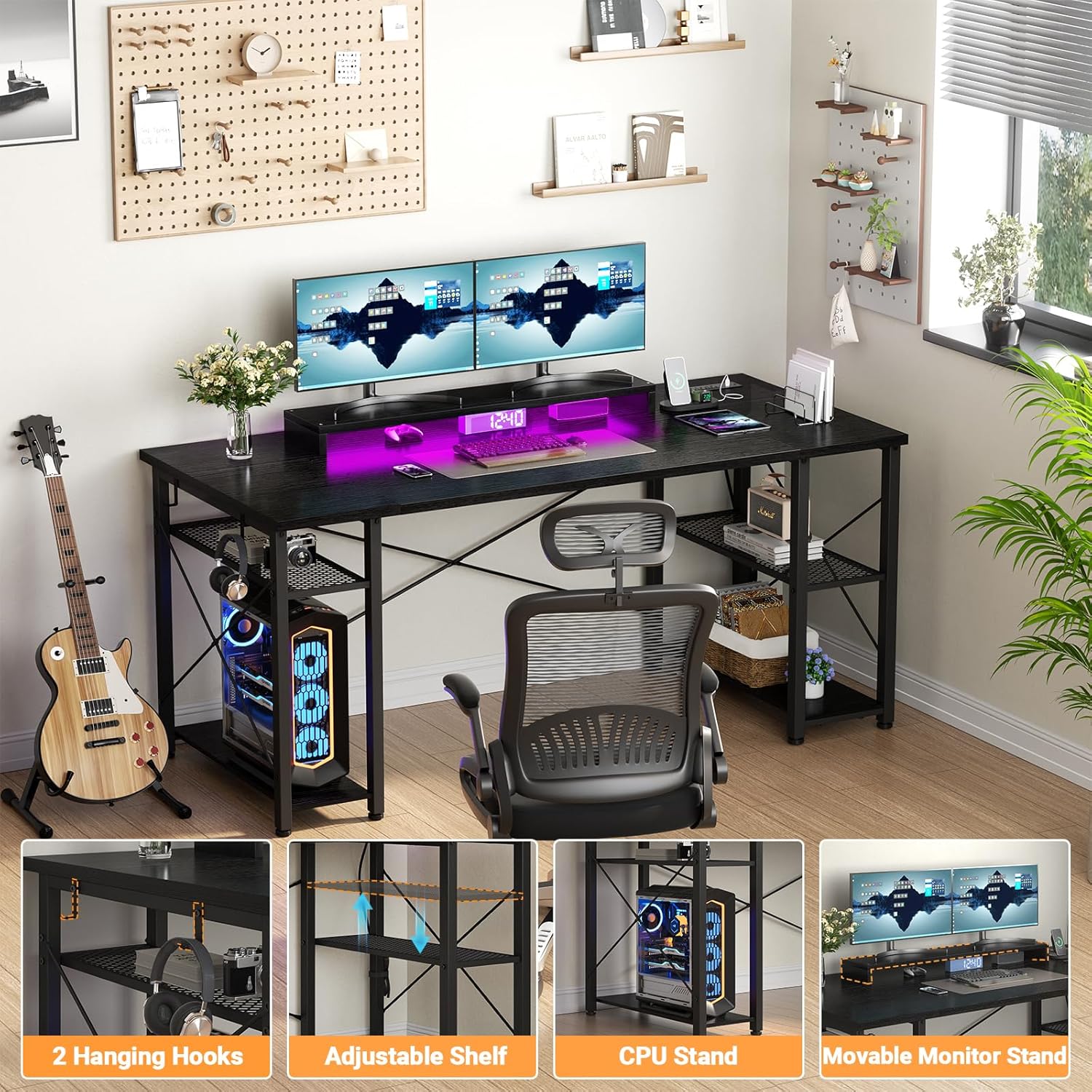 55 Inch Gaming Desk - Computer Desk with LED Lights & Power Outlet, Home Office Writing Desk with Storage Shelf and Monitor Stand, Black