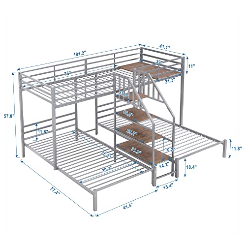 Versatility Full-Over-Twin-Twin Bunk Bed with Wardrobe and Mirror, Solid Wood Triple Bunk Bed Frame with Safety Guardrail and Built-in Shelves, 3 Beds in 1 for Kids Teens Adults (Grey-Mi)