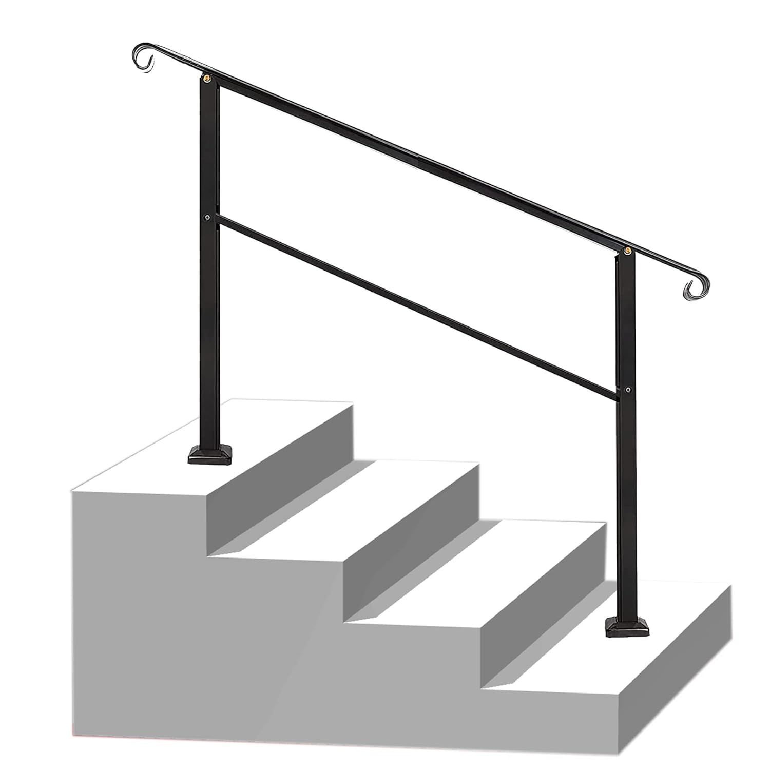 Outdoor Stair Railing,Black Wrought Iron Handrail,4 Step Transitional Handrail Metal Adjustable Outdoor Handrails for Exterior Steps with Installation Kit,Handrail with Installation Kit