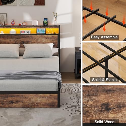 SADENICEL Queen Bed Frame with Storage Headboard and 4 Drawers, Metal Platform Bed Frame with LED Light, Charging Station, No Box Spring Needed, Noise Free, Easy Assembly, Vintage Brown