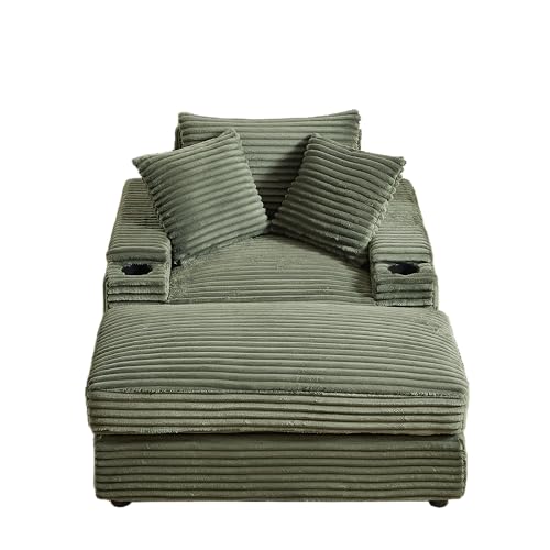 Oversized Chaise Lounge Sofa Chair with Movable Ottoman, 43.3" W Corduroy Upholstered Convertible Sleeper Corner Sofabed with Detachable Seat&Back Cushion for Living Room Office, Grey