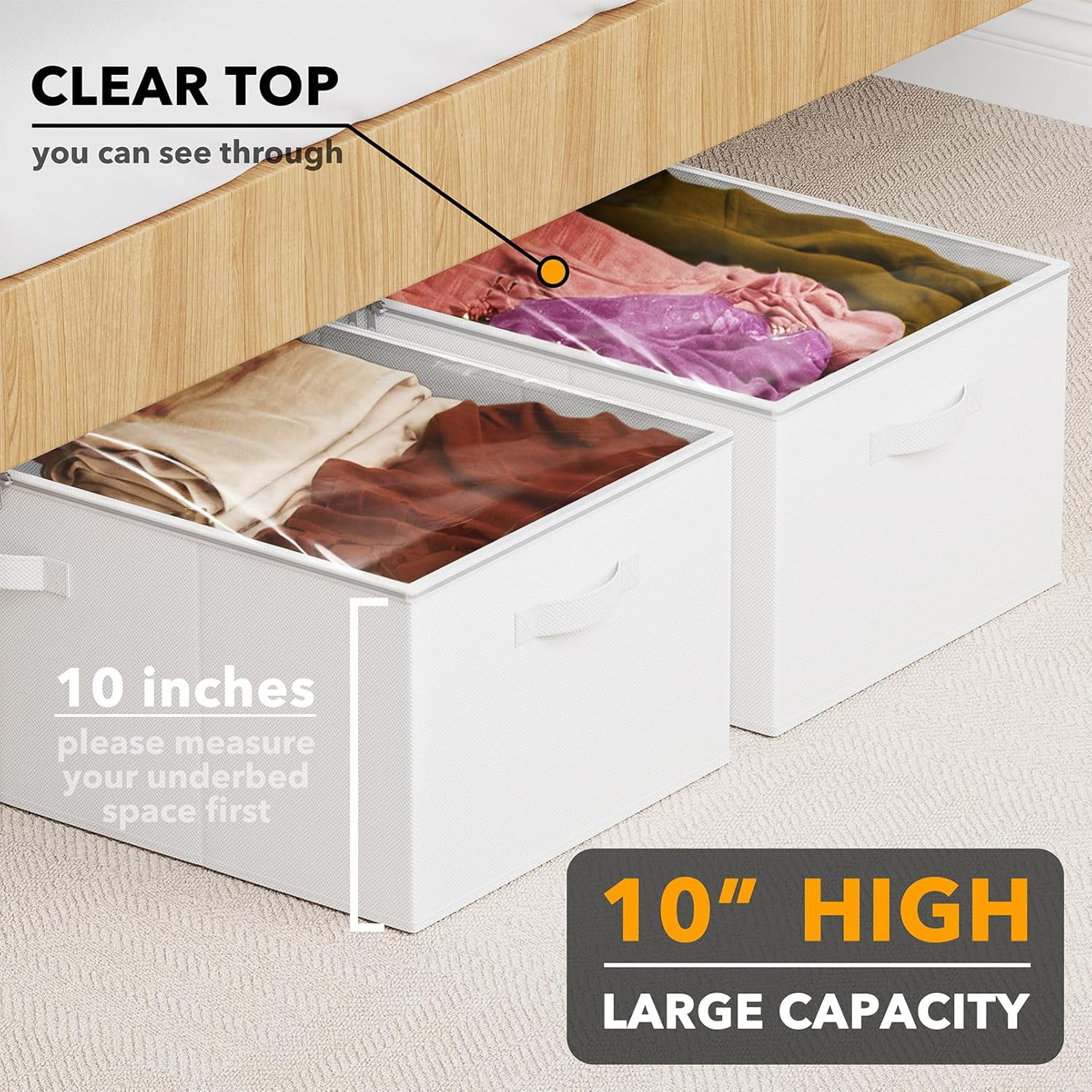 2 Pack 10 High Under Bed Storage Containers, Large Underbed Storage Organizer Bins with Lids for Bedroom, Dorm, Clothes, Closet Organization, Bed Sheets and Blankets (Beige)