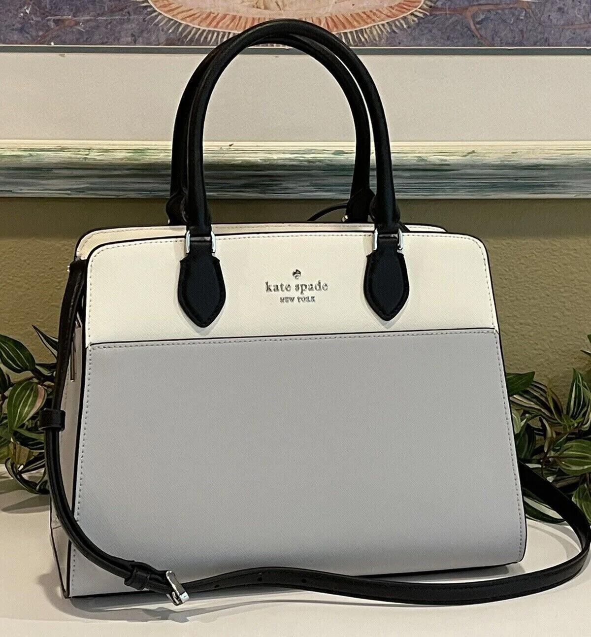 Kate Spade Madison Medium Platinum Grey Colorblock Leather Satchel Bag Purse KC621