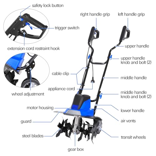 Electric Tiller Cultivator 16 inch, 13.5 Amp 6 Steel Tines Corded Tiller for Gardening with Foldable Handle, Garden Rototiller with Adjustble Wheels, Blue
