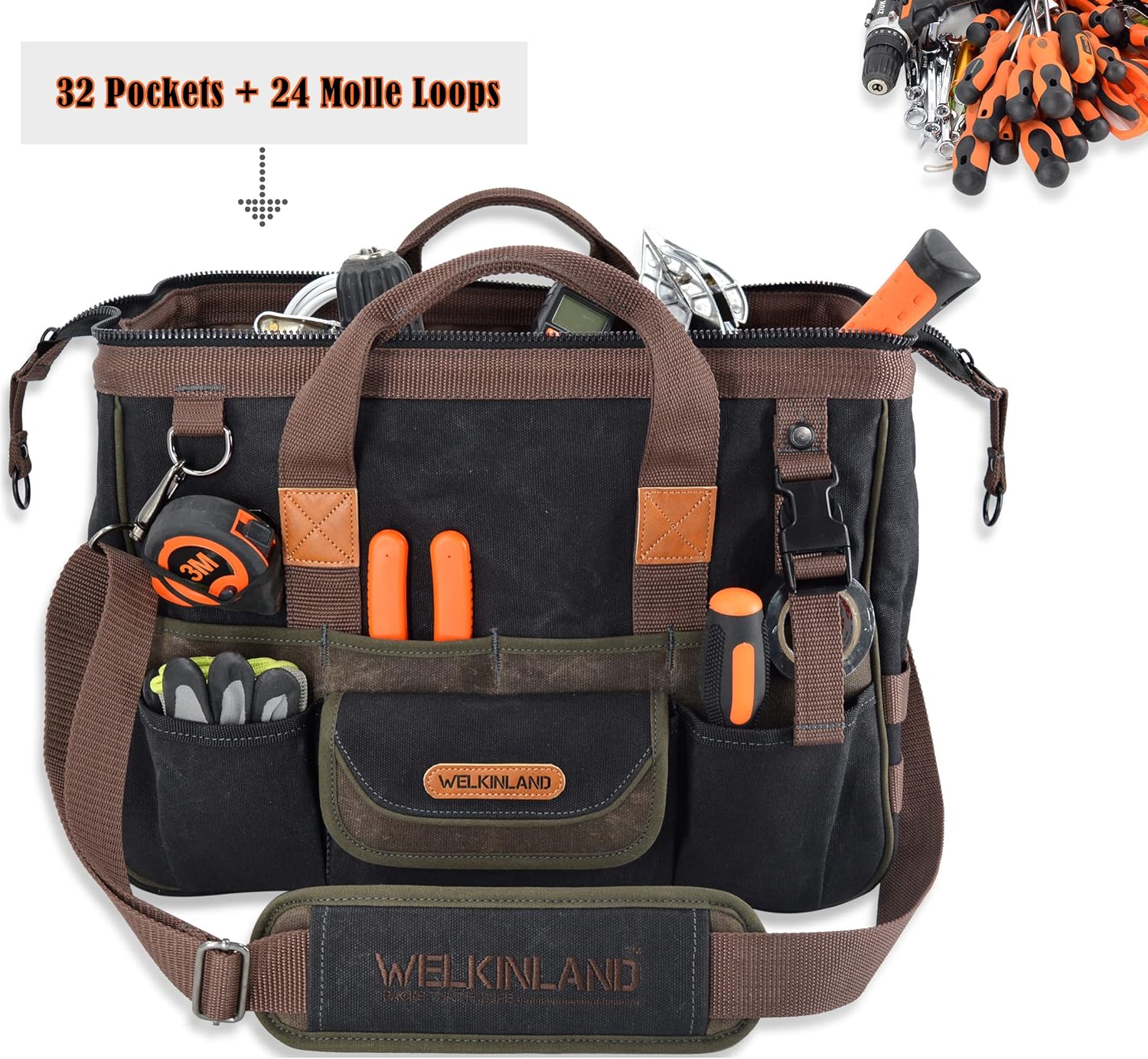 32-Pockets Waxed Canvas tool bag, Heavy-Duty Electrician tool bag, HVAC tool bag, Tool bag organizer, 16" Tools bag carrier, Tool bags for electricians, Tool bags for men, Tool bags for construction