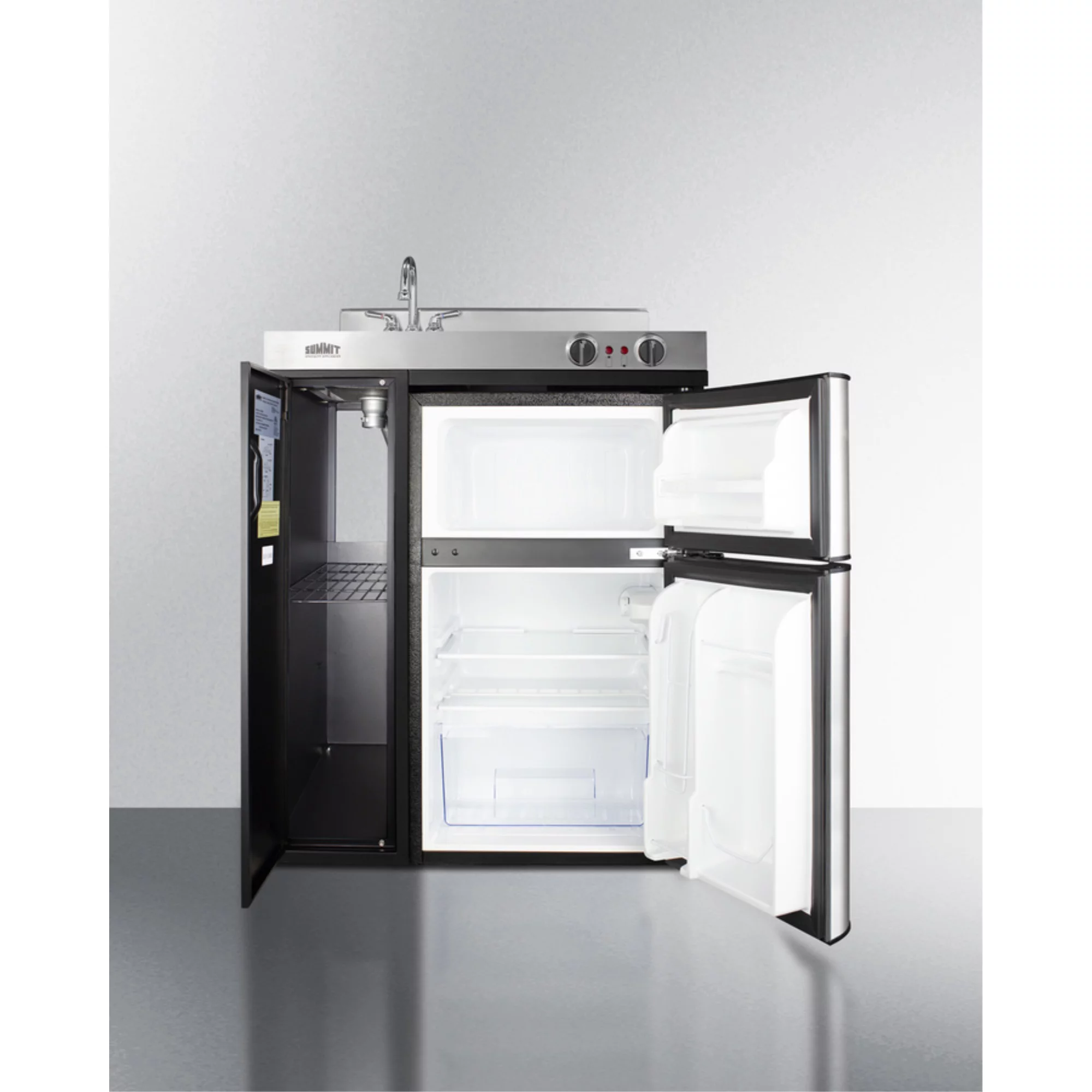 30" wide all-in-one kitchenette with 2-burner 115V coil cooktop, refrigerator-freezer, sink, and storage cabinet