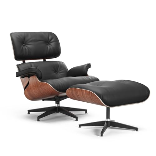Valencia Armoni Eames Chair and Ottoman 32.75" | Top-Grain Leather Mid-Century Modern Lounge Chair, Exquisite Walnut Veneer Satin Finish, Easy Assembly, Chocolate