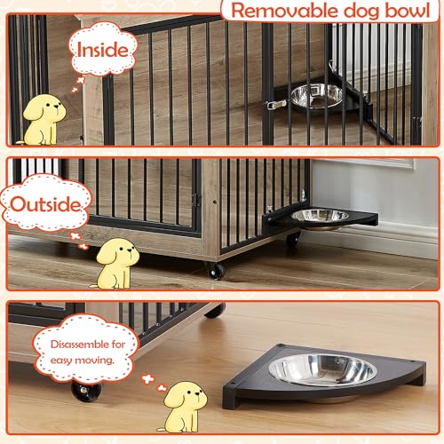 Large Dog Kennel Furniture -Adjustable Raised Feeder for Dogs with 1 Stainless Steel Bowls -End Table Dog House Spacious and Stylish Crate for Your Beloved Companion (43Inch Grey)