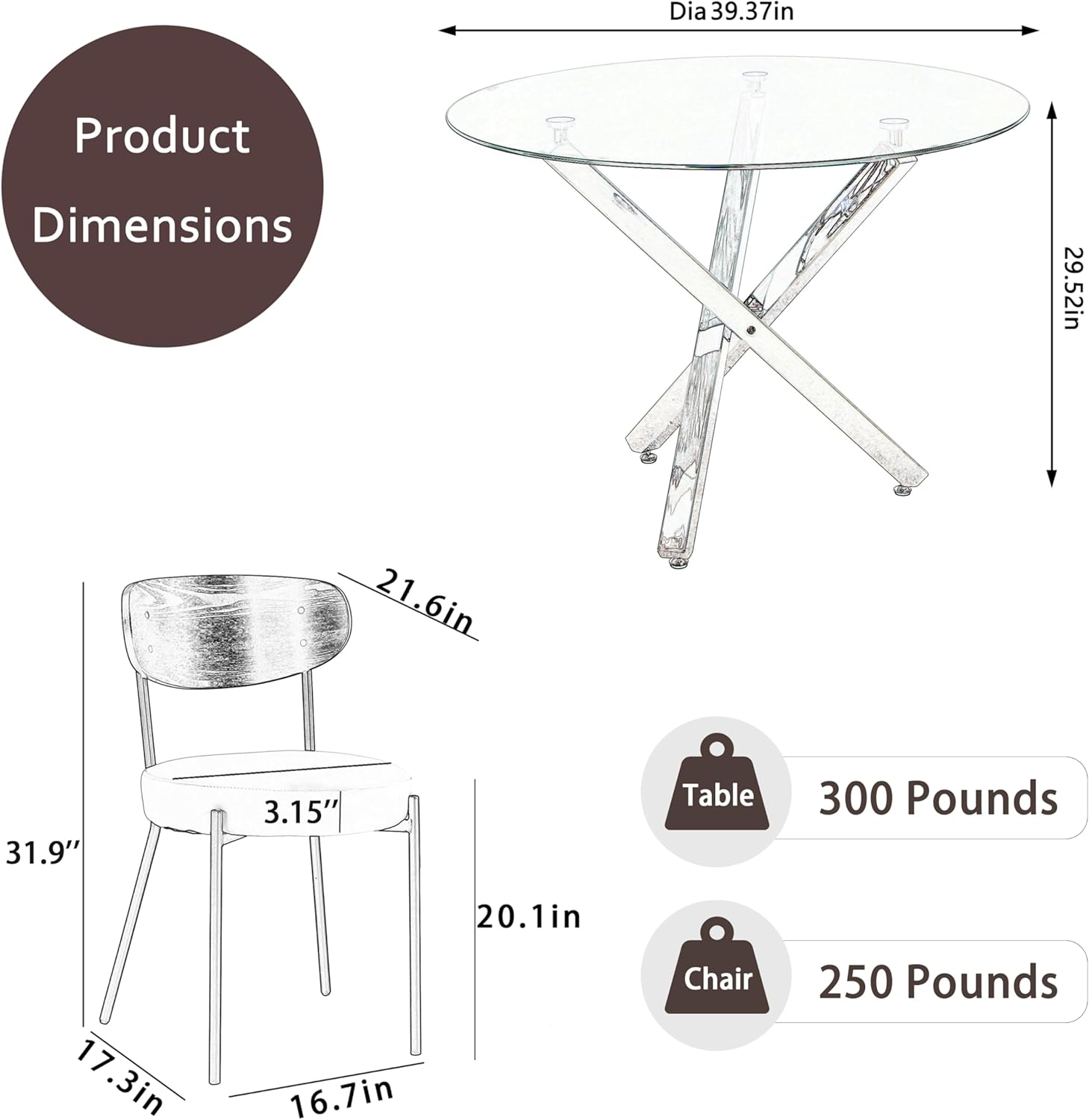 RGZ Round Glass Dining Table Set for 4, Mid Century Modern Circle Dining Room Table Set, 40'' Small Circular Glass Top Dining Set,5 Pcs Kitchen Table Set with Beige PU Faux Leather Chairs (Silver)