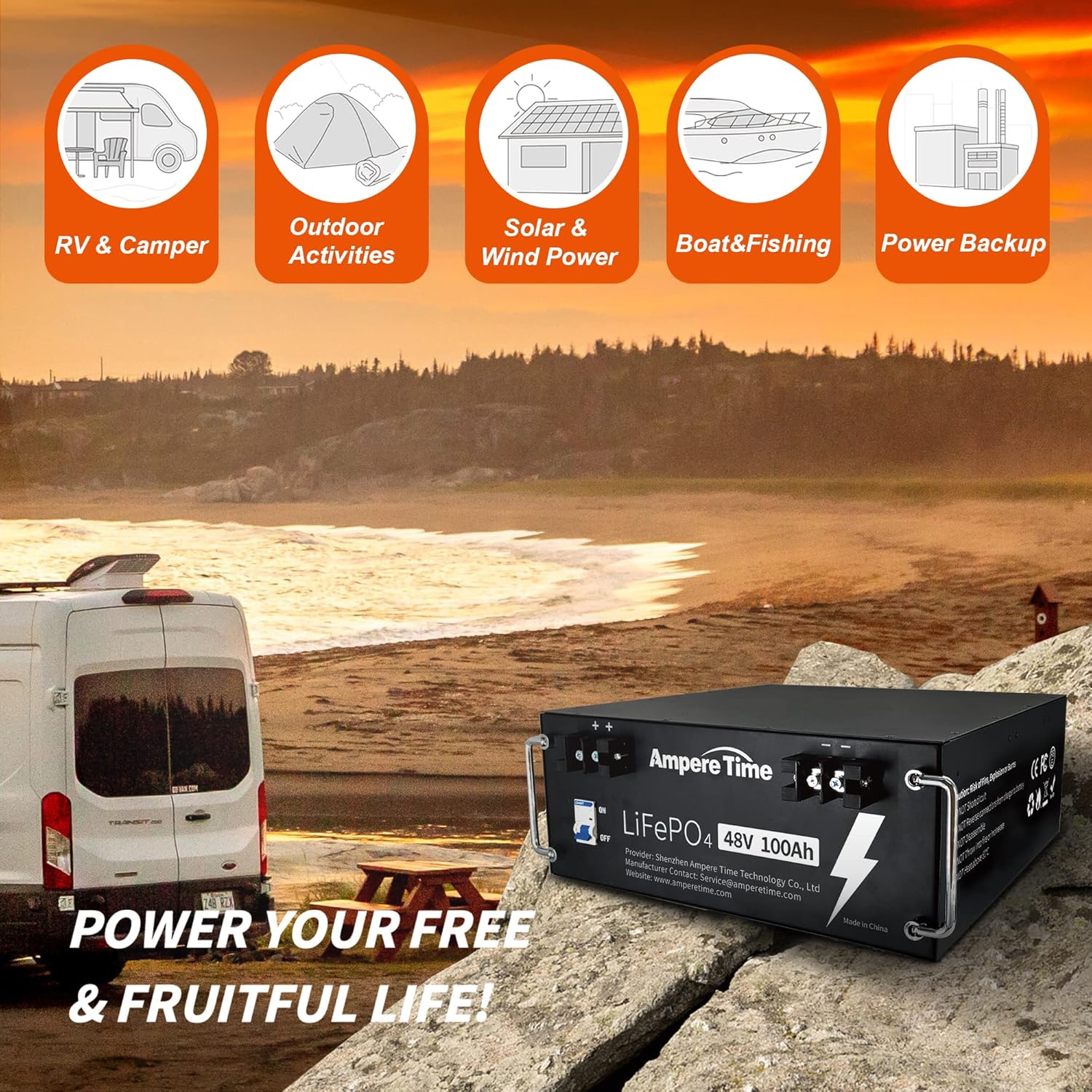 Ampere Time 12V 50Ah Lithium LiFePO4 Battery, Ideal Replacement for?12V 100Ah AGM SLA Battery, More Efficient Output & Much Lighter, 4000+ Cycles, Perfect for Boat, Security Devices, Camping, etc.